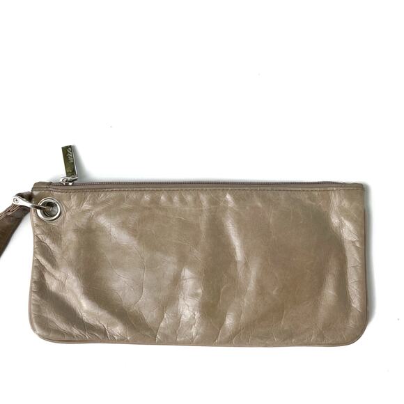 HOBO International Vida Wristlet Clutch Taupe Glazed Leather Silver Wallet Purse - Picture 2 of 15